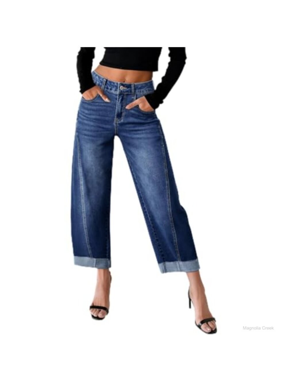 High Waisted Wide Leg Barrel Jeans Raw Rolled Hem Cropped Denim Pants